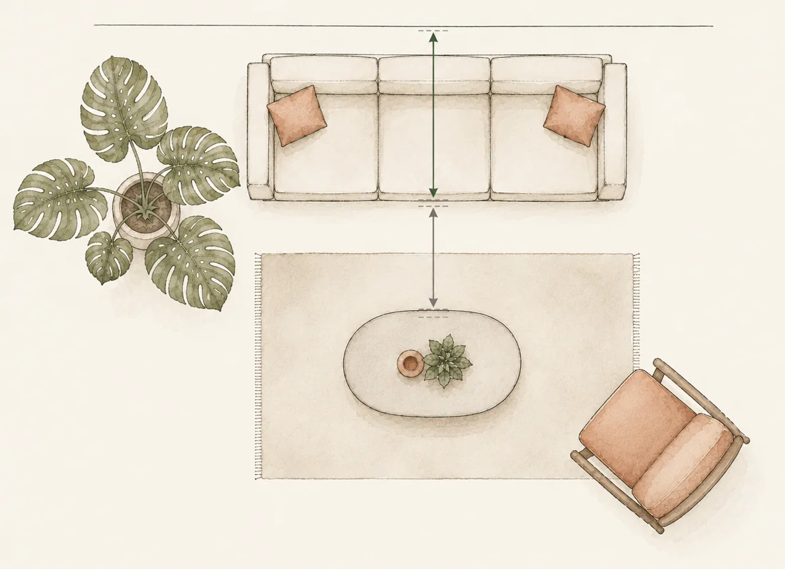 Planta baixa de uma sala vista de cima: o sofá encostado na parede,
              a medida da profundidade dele até a frente do assento, e a passagem
              que sobra até a mesa de centro.