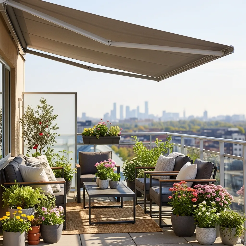 Varanda de apartamento com toldo aberto e vista da cidade